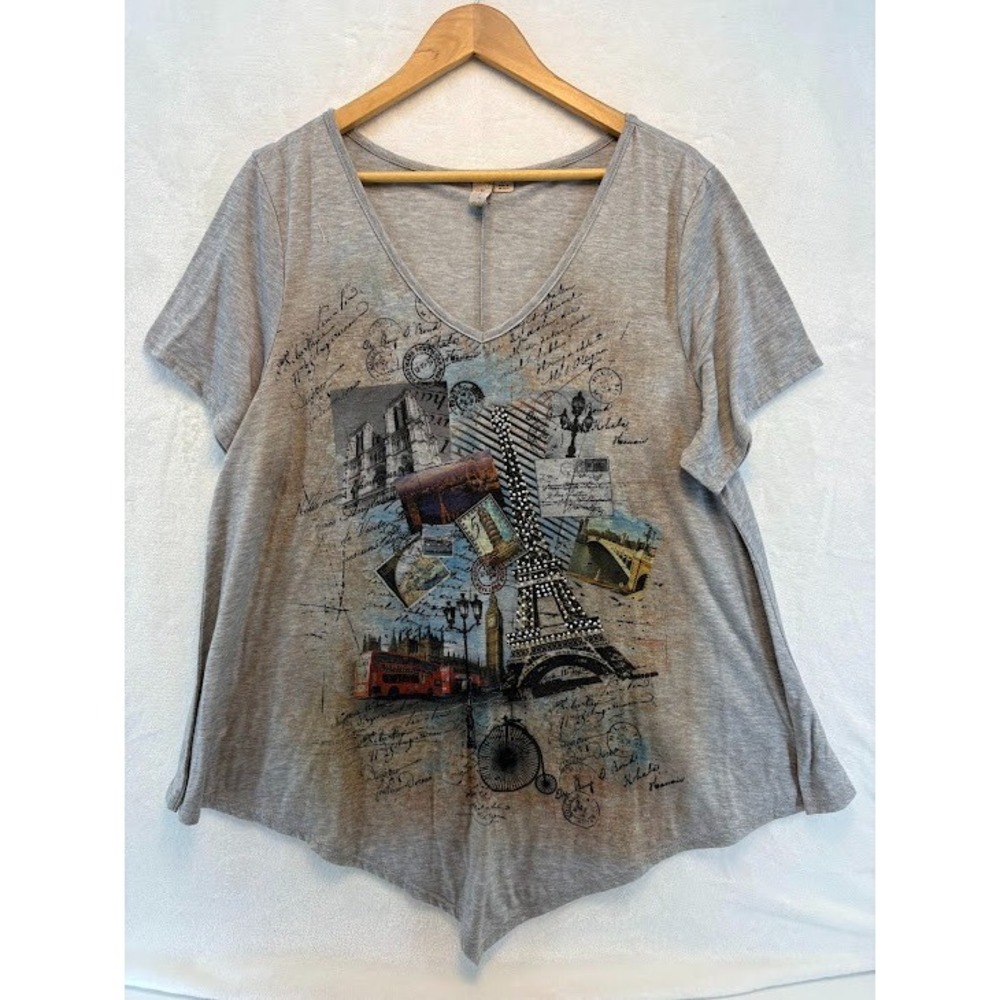 Women's Plus Misia Size 2X Paris Graphics Shirt Gray Knit Short‎ Sleeve Y2K